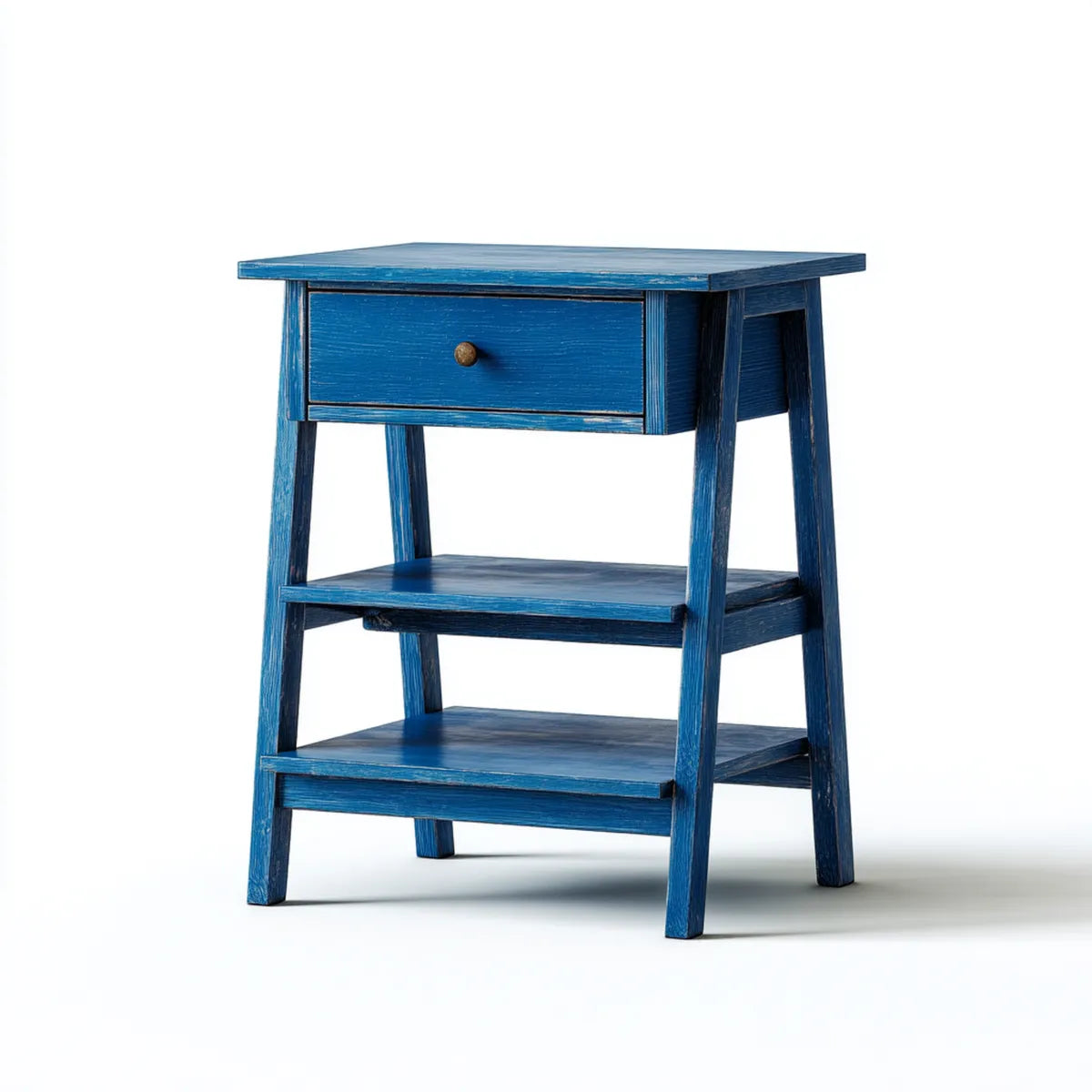 Comodino con cassetto e 2 ripiani blu in legno massello rettangolare 45 x 35 x 65 cm