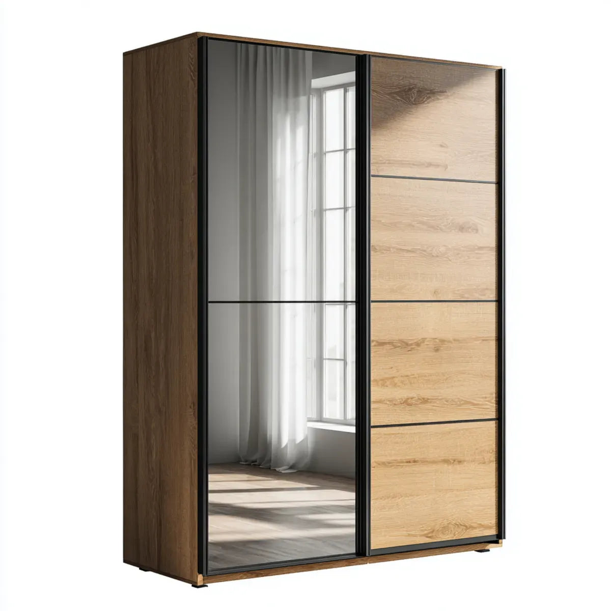 Armadio guardaroba a 2 ante scorrevoli con specchio rovere marrone e nero 120 x 60 x 200 cm in pannello truciolare rettangolare