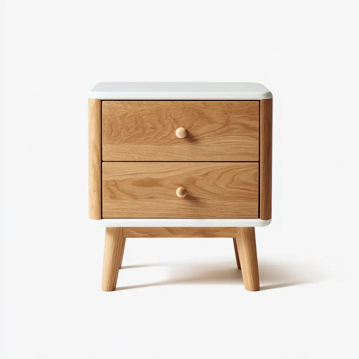 Comodino a 2 cassetti naturale e bianco in rovere massello e MDF rettangolare 45 x 35 x 60 cm