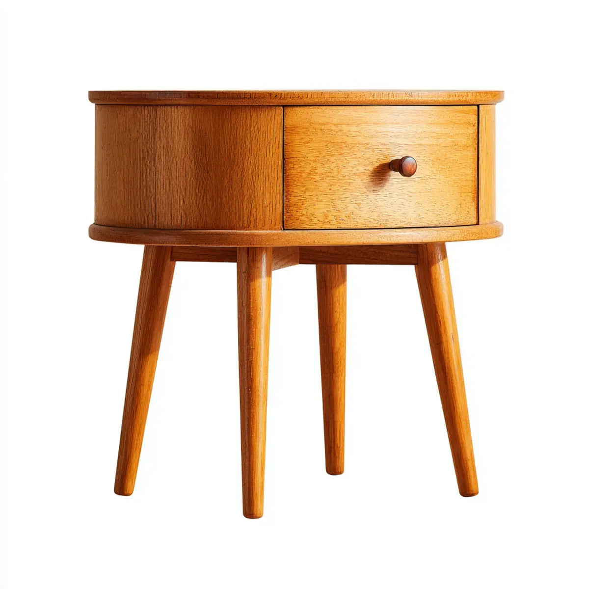 Comodino rotondo marrone con cassetto e vano in legno massello di hevea 45 x 45 x 60 cm
