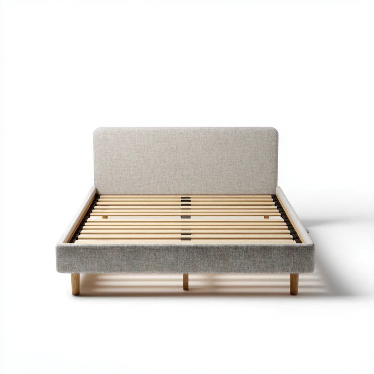 Letto matrimoniale con testiera imbottita beige 160 x 200 cm in poliestere e legno massello rettangolare