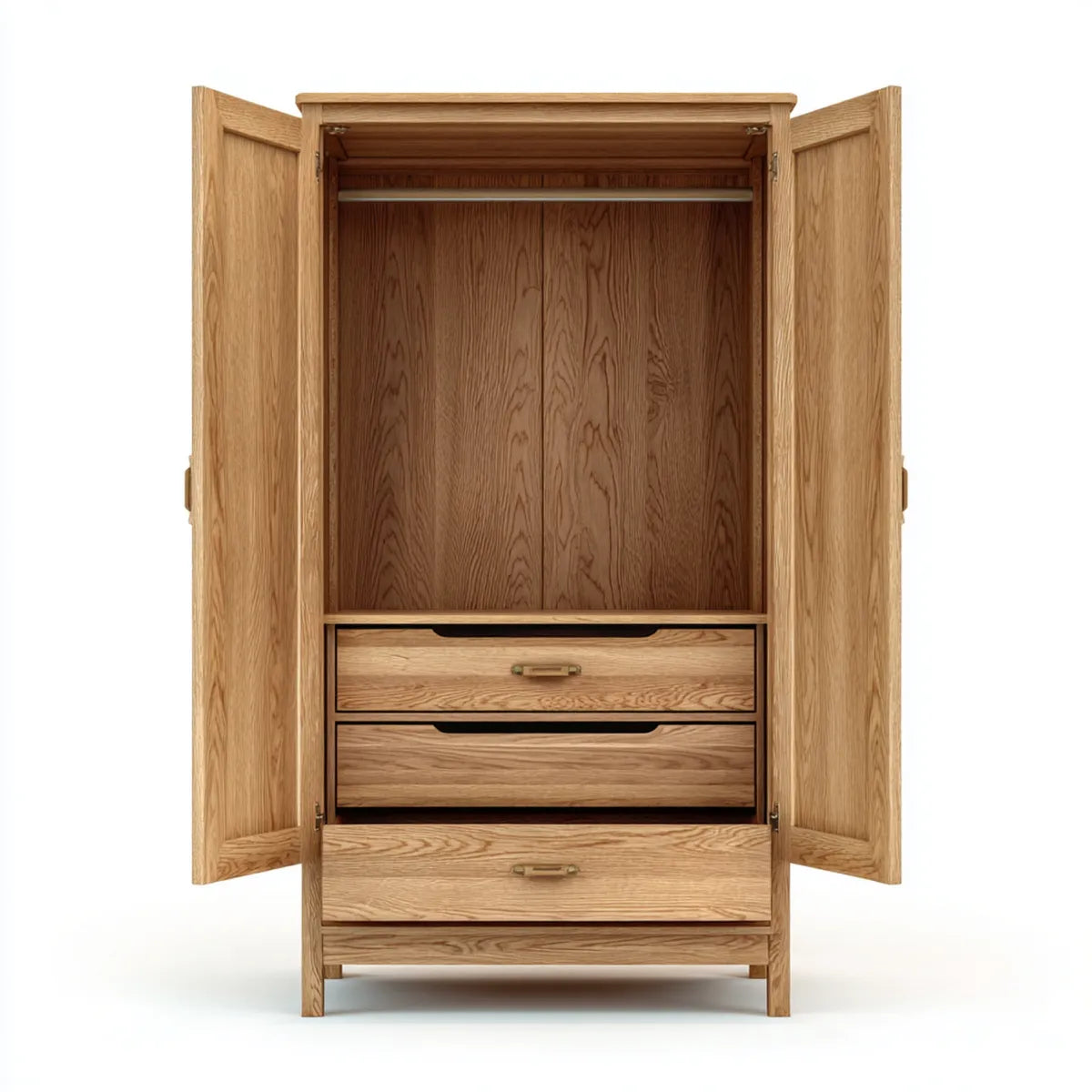 Armadio guardaroba 2 ante rovere naturale 100 x 55 x 200 cm in legno massello rettangolare con 3 cassetti e appendiabiti
