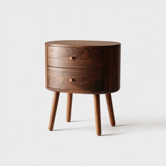 Comodino 2 Cassetti Noce 55 x 40 x 65 cm Legno Massello Forma Ovale