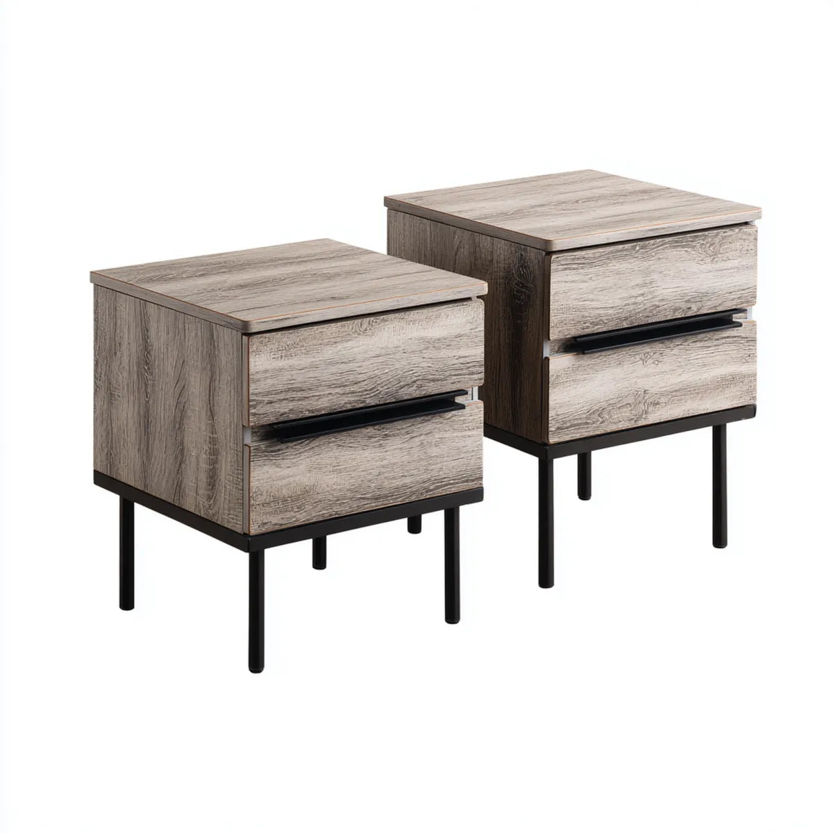 Set di 2 comodini grigio rovere con 2 cassetti in MDF e acciaio 45 x 40 x 60 cm rettangolari
