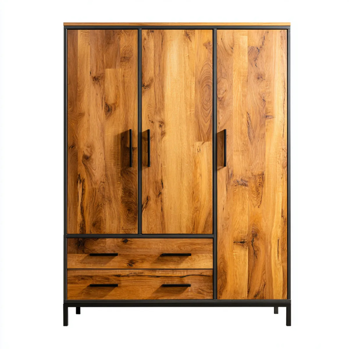 Armadio guardaroba 3 ante 2 cassetti in legno massello di acacia marrone con struttura nera 120 x 50 x 200 cm