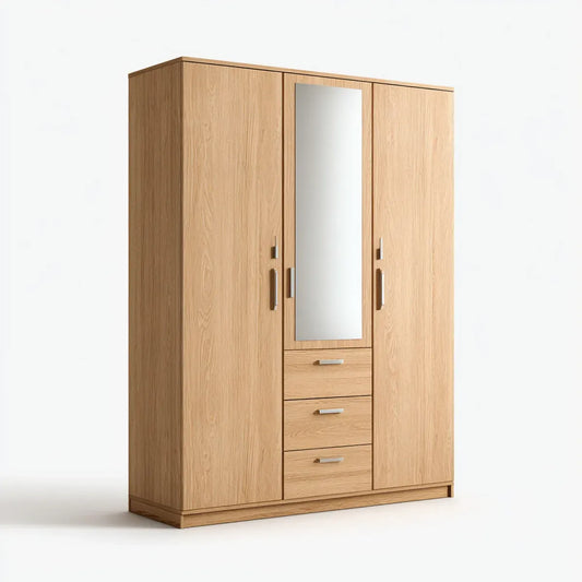 Armadio 3 ante con specchio e 3 cassetti rovere chiaro 120 x 52 x 180 cm in pannello truciolare melaminico rettangolare