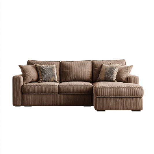 Divano angolare 3 posti con chaise longue marrone in velluto a coste 240 x 160 x 85 cm