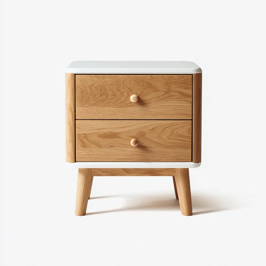 Comodino a 2 cassetti naturale e bianco in rovere massello e MDF rettangolare 45 x 35 x 60 cm