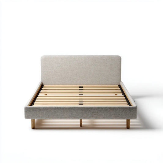 Letto matrimoniale con testiera imbottita beige 160 x 200 cm in poliestere e legno massello rettangolare